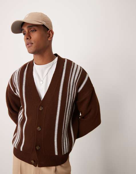 ASOS DESIGN relaxed boxy fit knitted cardigan in brown stripe detail - view 1