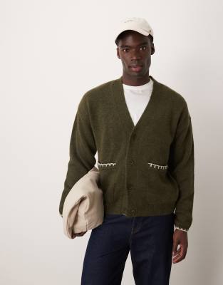 ASOS DESIGN ASOS DESIGN relaxed boxy fit knitted cardigan with blanket stitch detail pockets in khaki-Green