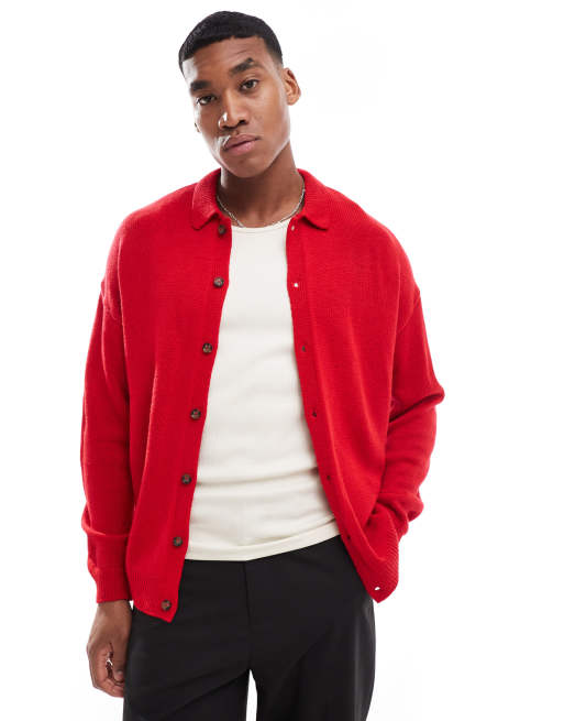 ASOS DESIGN relaxed boxy fit knitted cardigan with collar in red ASOS