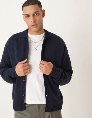 relaxed boxy fit knitted collar cardigan in navy