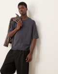 [ASOS DESIGN] ASOS DESIGN relaxed boxy fit knitted crew neck button through t-shirt in charcoal grey XL CHARCOAL