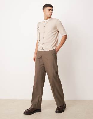 Asos Design Relaxed Boxy Fit Knitted Crew Neck Button Through Tshirt In Neutral
