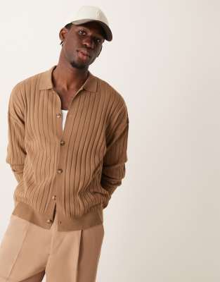 ASOS DESIGN relaxed boxy fit knitted long sleeve button through ribbed polo in beige-Neutral