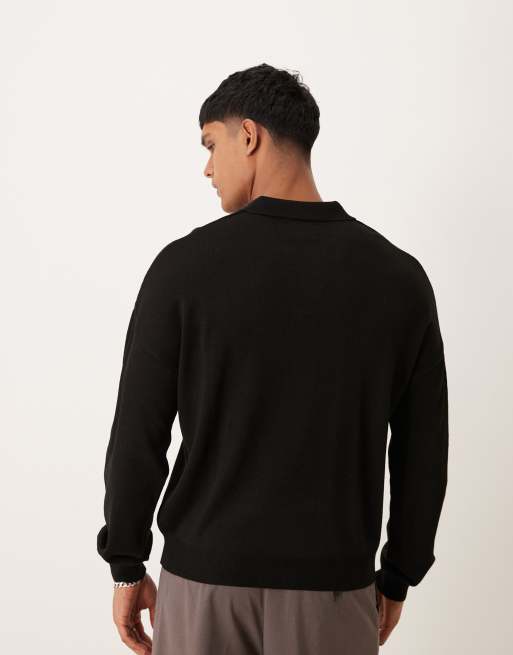 ASOS DESIGN relaxed boxy fit knitted long sleeve notch neck polo in black, 4 of 4
