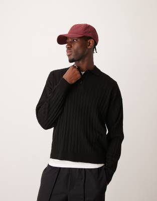 Asos Design Relaxed Boxy Fit Knitted Long Sleeve Ribbed Polo Sweater In Black