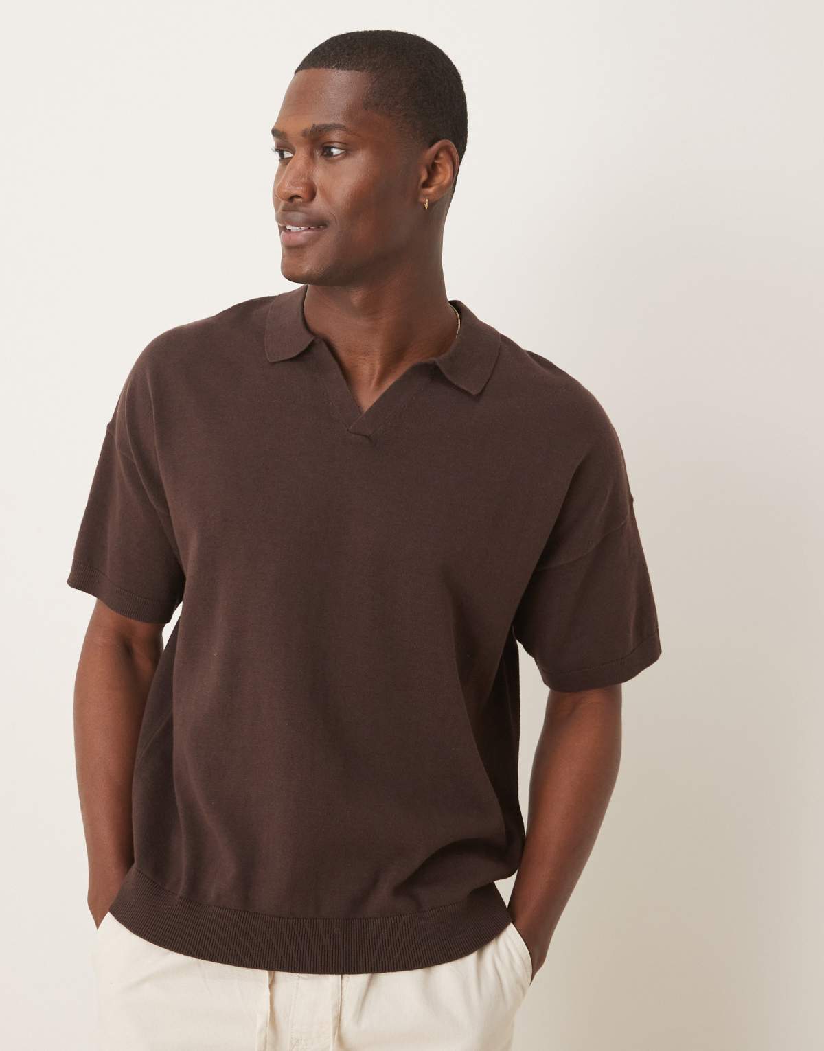 ASOS DESIGN relaxed boxy fit knitted midweight cotton notch neck polo in brown