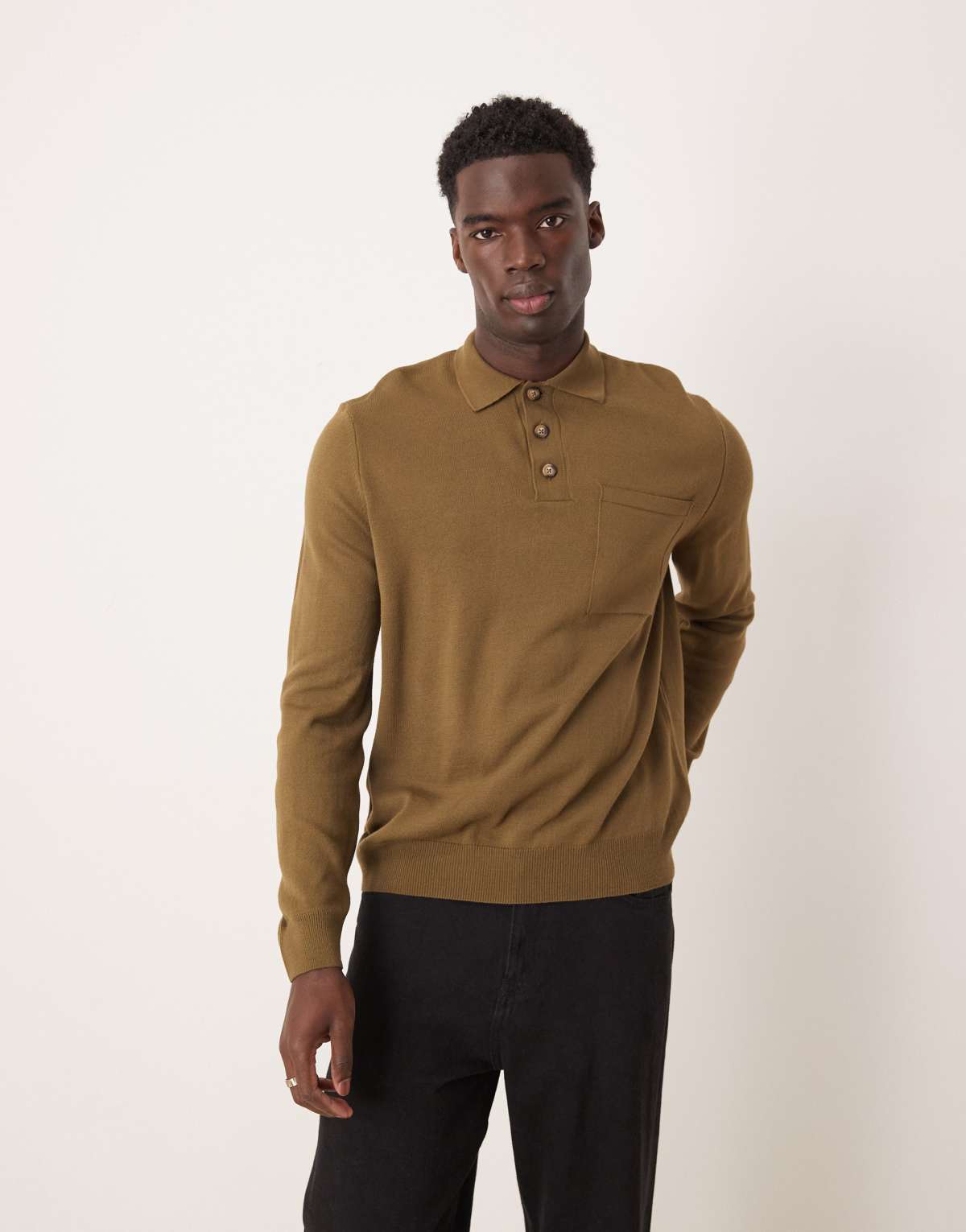 ASOS DESIGN relaxed boxy fit knitted polo jumper with chest pocket in khaki