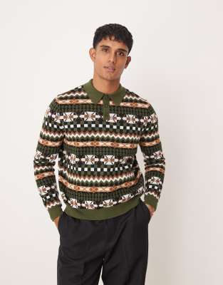 Asos Design Relaxed Boxy Fit Knitted Polo Sweater With Pattern In Black