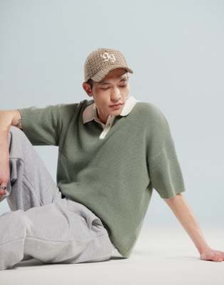 Asos Design Relaxed Boxy Fit Knitted Polo With 3/4 Length Sleeves In Green
