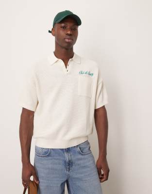 Asos Design Relaxed Boxy Fit Knitted Polo With Chest Pocket And Embroidery Text In Neutral