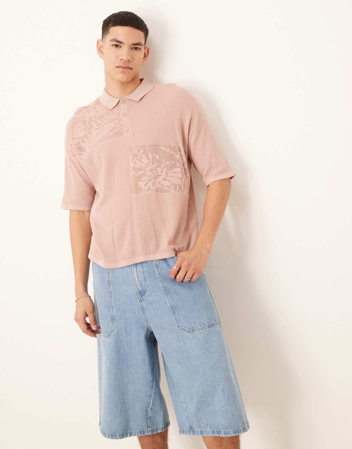 ASOS DESIGN relaxed boxy fit knitted polo with floral patchwork pattern in dusty pink
