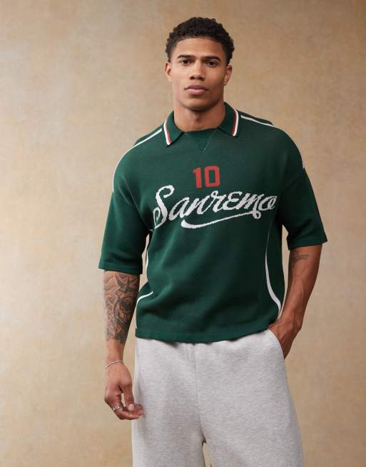 ASOS DESIGN relaxed boxy fit knitted polo with sport pattern in dark green, 2 of 4