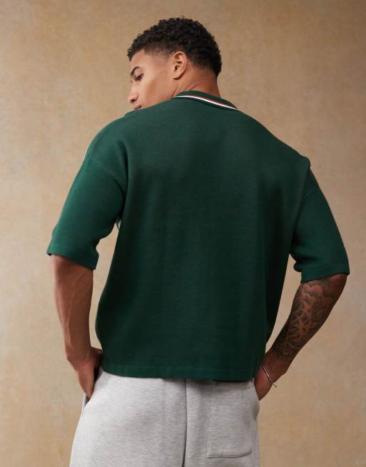 ASOS DESIGN relaxed boxy fit knitted polo with sport pattern in dark green, 4 of 4