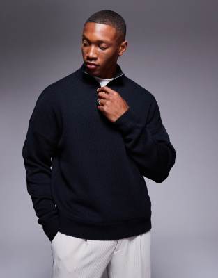 ASOS DESIGN ASOS DESIGN relaxed boxy fit knitted quarter zip funnel neck jumper in navy