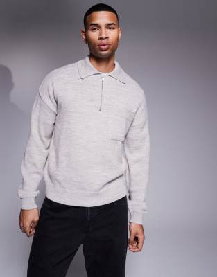 Asos Design Relaxed Boxy Fit Knitted Quarter Zip Polo With Chest Pocket In Neutral