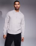[ASOS DESIGN] ASOS DESIGN relaxed boxy fit knitted quarter zip polo with chest pocket in light grey-Neutral XL Light grey