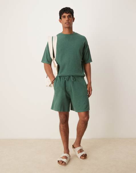 ASOS DESIGN relaxed boxy fit knitted rib t-shirt and shorts co-ord in green - view 1