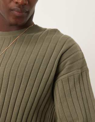 Asos Design Relaxed Boxy Fit Lightweight Ribbed Knitted Tshirt In Green