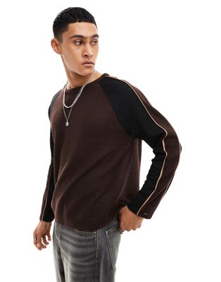 ASOS DESIGN relaxed boxy fit long sleeve t-shirt in cut & sew waffle texture
