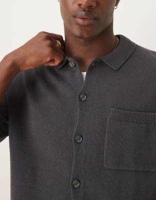 Asos Design Relaxed Boxy Fit Midweight Knitted Cotton Button Through Polo In Gray