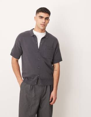 ASOS DESIGN relaxed boxy fit midweight knitted cotton button through polo in charcoal grey φωτογραφία