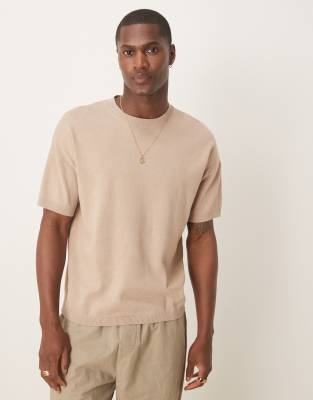 relaxed boxy fit midweight knitted cotton t-shirt in stone-Neutral