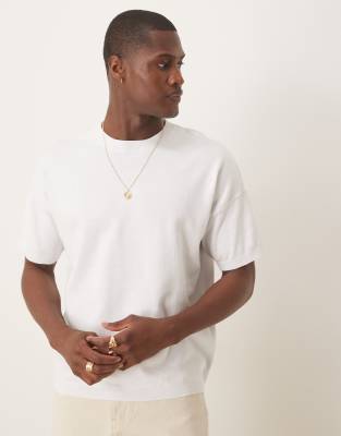 relaxed boxy fit midweight knitted cotton t-shirt in white