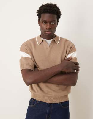 relaxed boxy fit notch neck polo with sleeve panel in brown