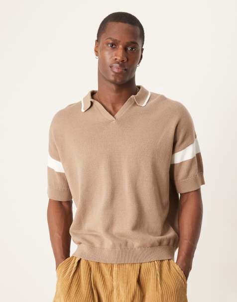 ASOS DESIGN relaxed boxy fit notch neck polo with sleeve panel in brown - view 1