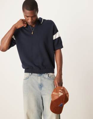 Asos Design Relaxed Boxy Fit Notch Neck Polo With Sleeve Panel In Navy
