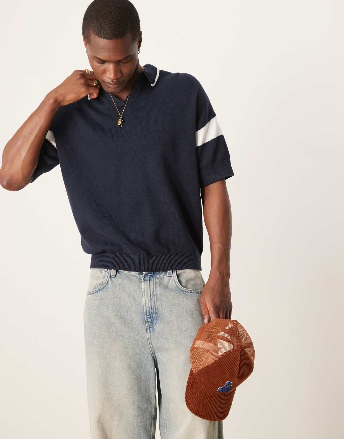 ASOS DESIGN relaxed boxy fit notch neck polo with sleeve panel in navy