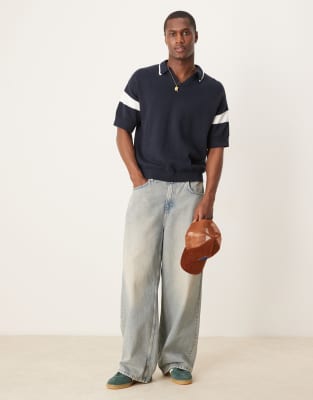 Asos Design Relaxed Boxy Fit Notch Neck Polo With Sleeve Panel In Navy