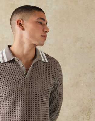 Asos Design Relaxed Boxy Fit Pointelle Open Knit Polo With Collar Tipping Detail