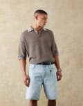 [ASOS DESIGN] ASOS DESIGN relaxed boxy fit pointelle open knitted polo with collar tipping detail in brown XS BROWN