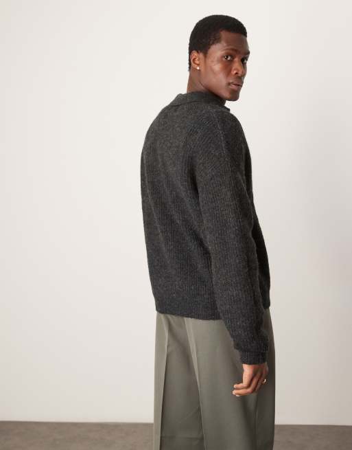 ASOS DESIGN relaxed boxy fit rib knit polo sweater in charcoal gray, 4 of 4