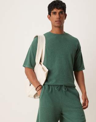Asos Design Relaxed Boxy Fit Rib Knit T-shirt With Half Sleeves In Green