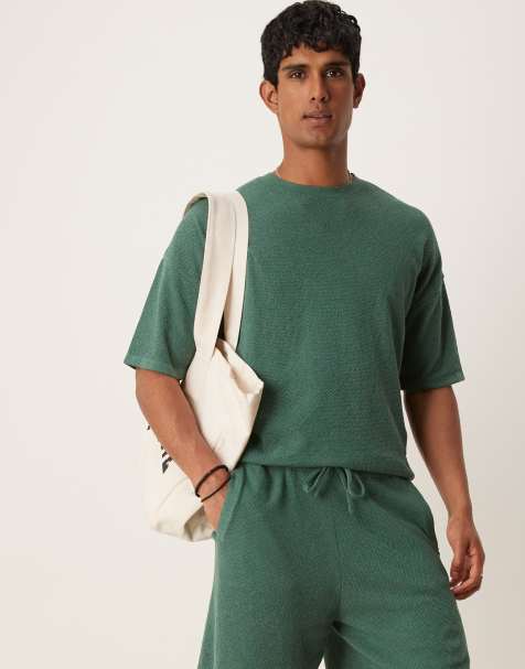 ASOS DESIGN relaxed boxy fit rib knitted t-shirt with half sleeve in green - view 1