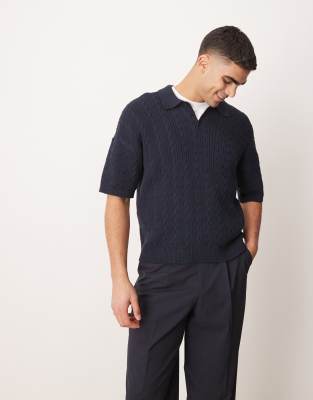 Asos Design Relaxed Boxy Fit Ribbed Knitted Polo In Navy