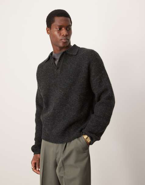 ASOS DESIGN relaxed boxy fit ribbed knitted polo jumper in charcoal grey - view 1