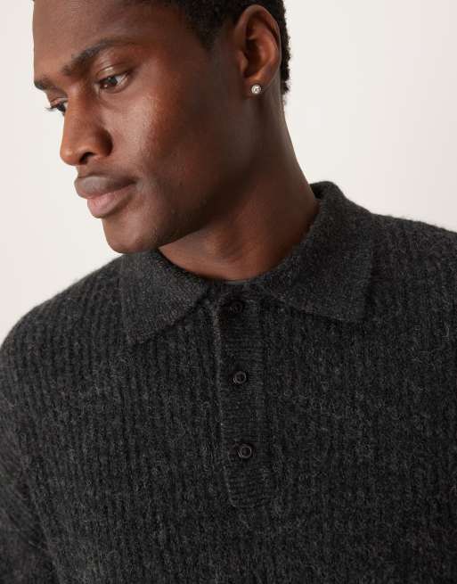 ASOS DESIGN relaxed boxy fit ribbed knitted polo jumper in charcoal grey, 3 of 4