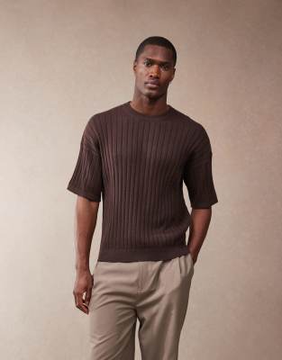 Asos Design Relaxed Boxy Fit Ribbed Knitted Tshirt In Brown