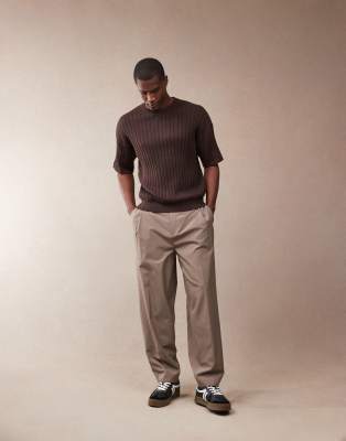 Asos Design Relaxed Boxy Fit Ribbed Knitted Tshirt In Brown