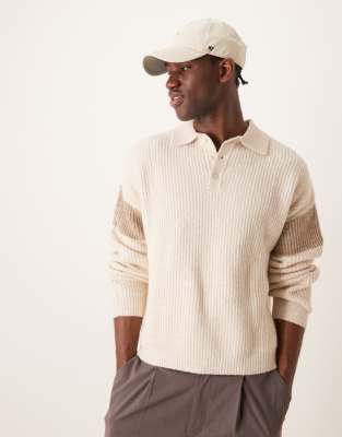 relaxed boxy fit ribbed polo sweater in ecru with stone sleeve panel-Neutral