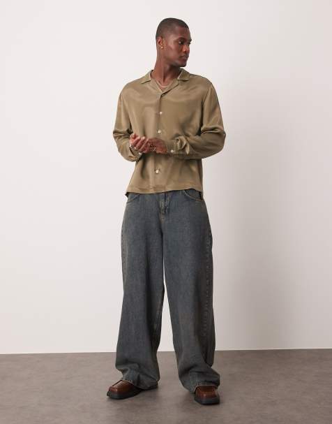 ASOS DESIGN – Relaxed Boxy Fit Satinhemd in Khaki - view 1