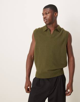 ASOS DESIGN relaxed boxy fit sleeveless knit polo shirt in khaki