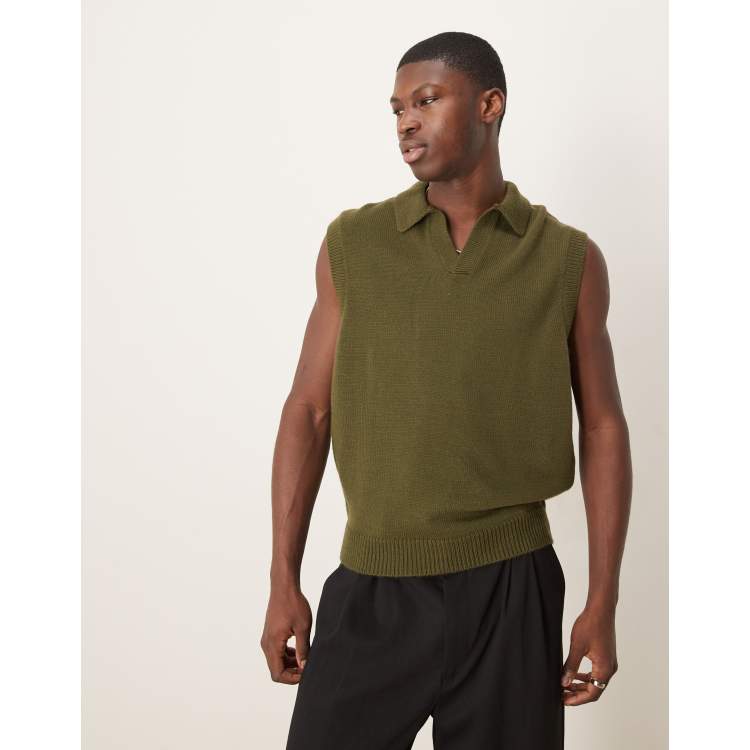 ASOS DESIGN relaxed boxy fit sleeveless knit polo shirt in khaki