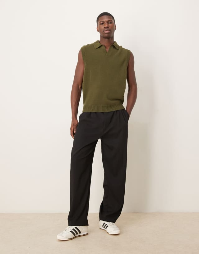 ASOS DESIGN relaxed boxy fit sleeveless knit polo shirt in khaki