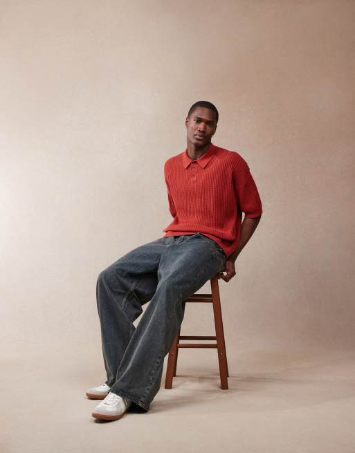 ASOS DESIGN relaxed boxy fit texture knitted polo in red