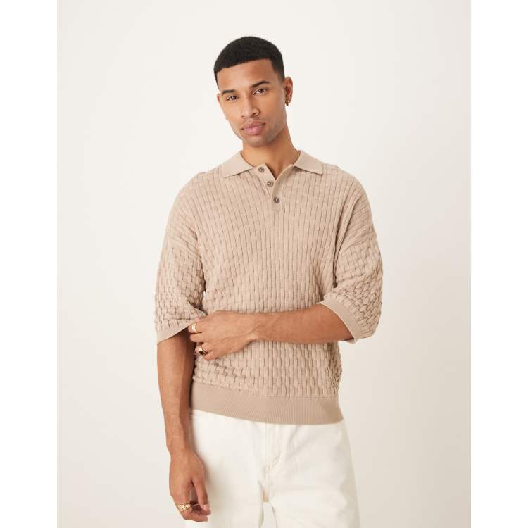 ASOS DESIGN relaxed boxy fit textured knit polo in beige | ASOS