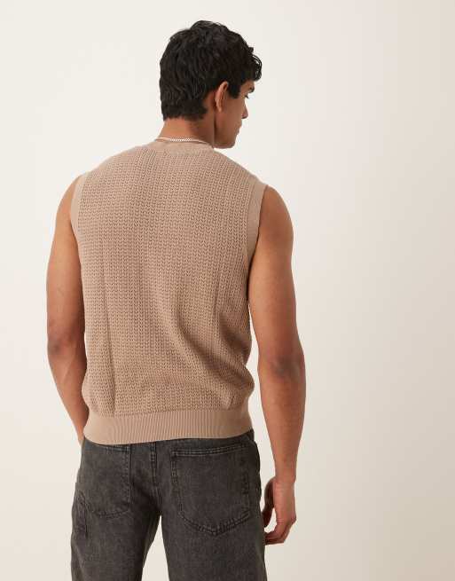 ASOS DESIGN relaxed boxy fit textured knitted vest with floral embroidery in brown, 3 of 4